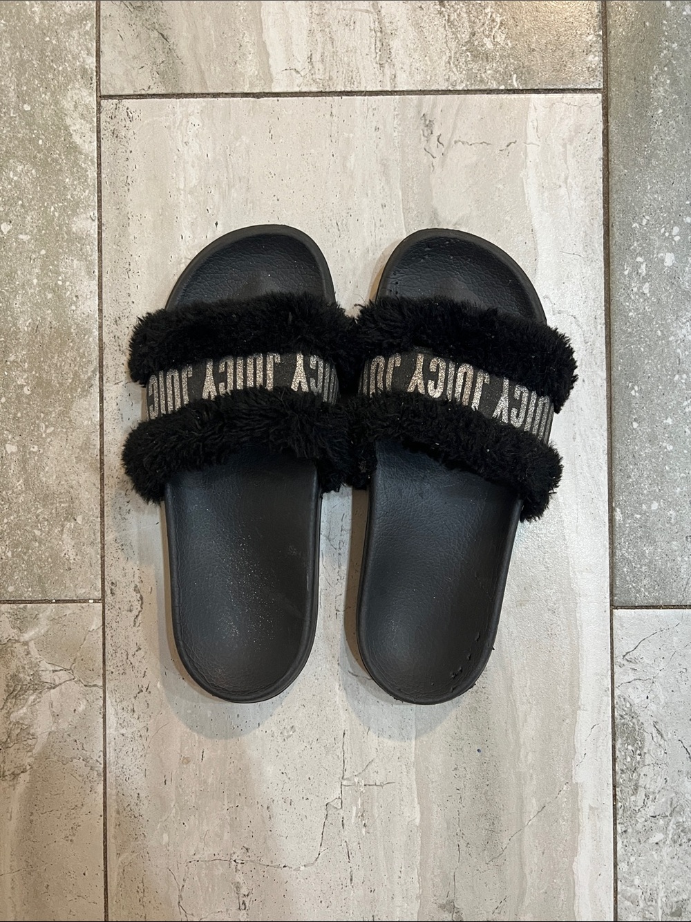 Juicy Couture Black Faux Fur Double-Strap Slide Sandals